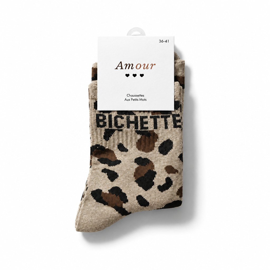 Chaussette pailletée léopard message Bichette