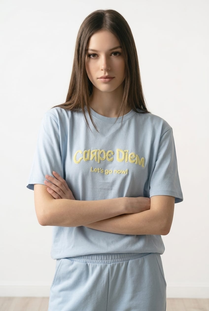 T-shirt brodé message tendance bleu – EMMASH