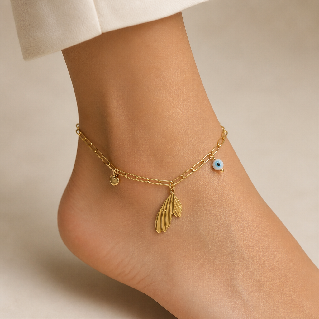 Bracelet de cheville aile, cœur et œil protecteur doré