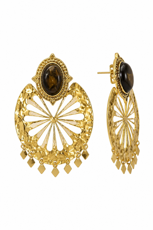 Boucles d'oreilles soleil ajouré et pampilles dorées