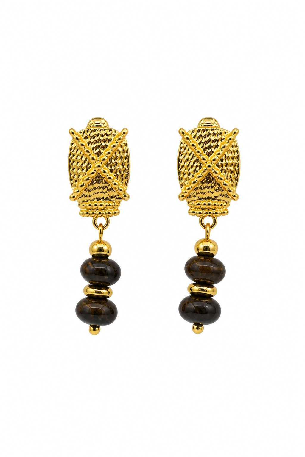 Boucles d'oreilles croisillon doré et perles brunes