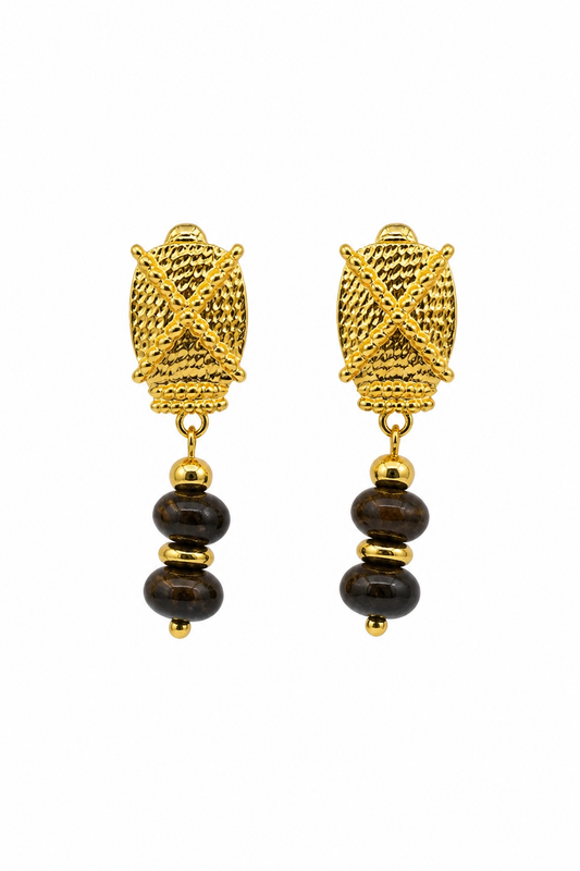 Boucles d'oreilles croisillon doré et perles brunes