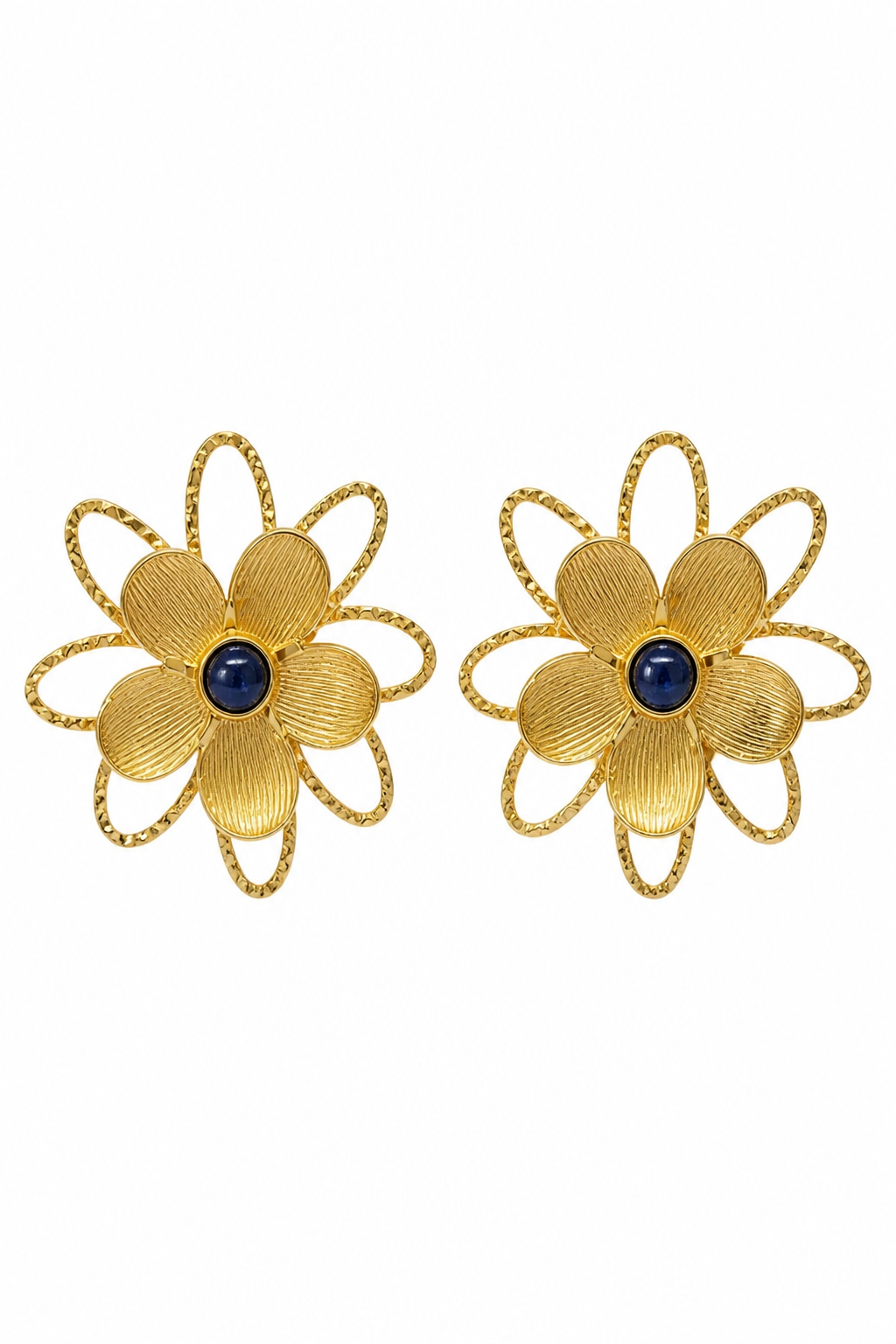 Boucles d'oreilles fleur dorée pierre bleue