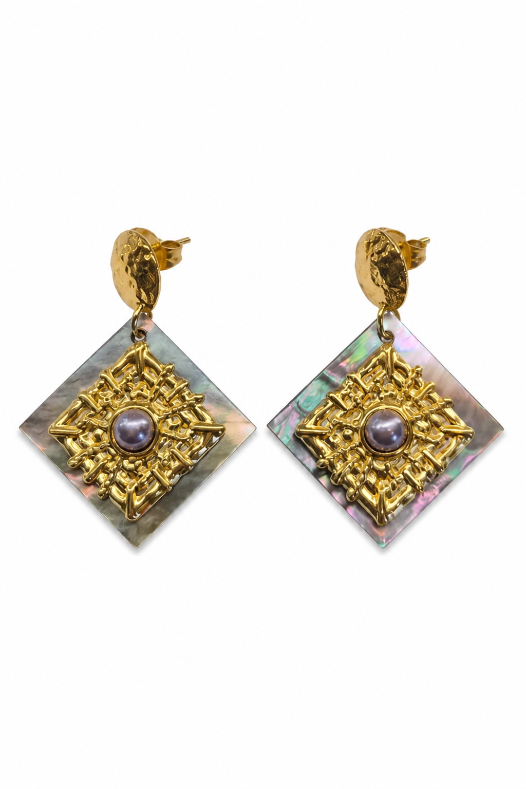 Boucles d'oreilles losange nacre et perle grise dorées