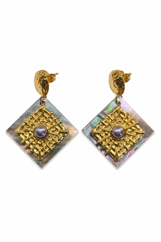 Boucles d'oreilles losange nacre et perle grise dorées