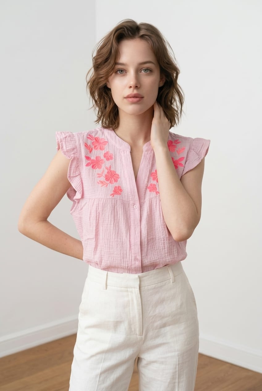 Chemise sans manches gaze de coton brodée blanc – EMMASH