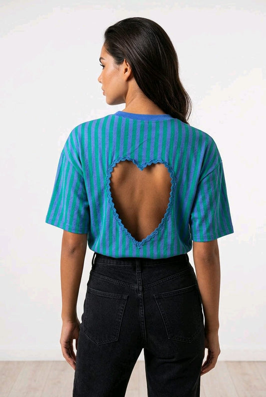 T-shirt rayé dos cœur ajouré tendance – EMMASH