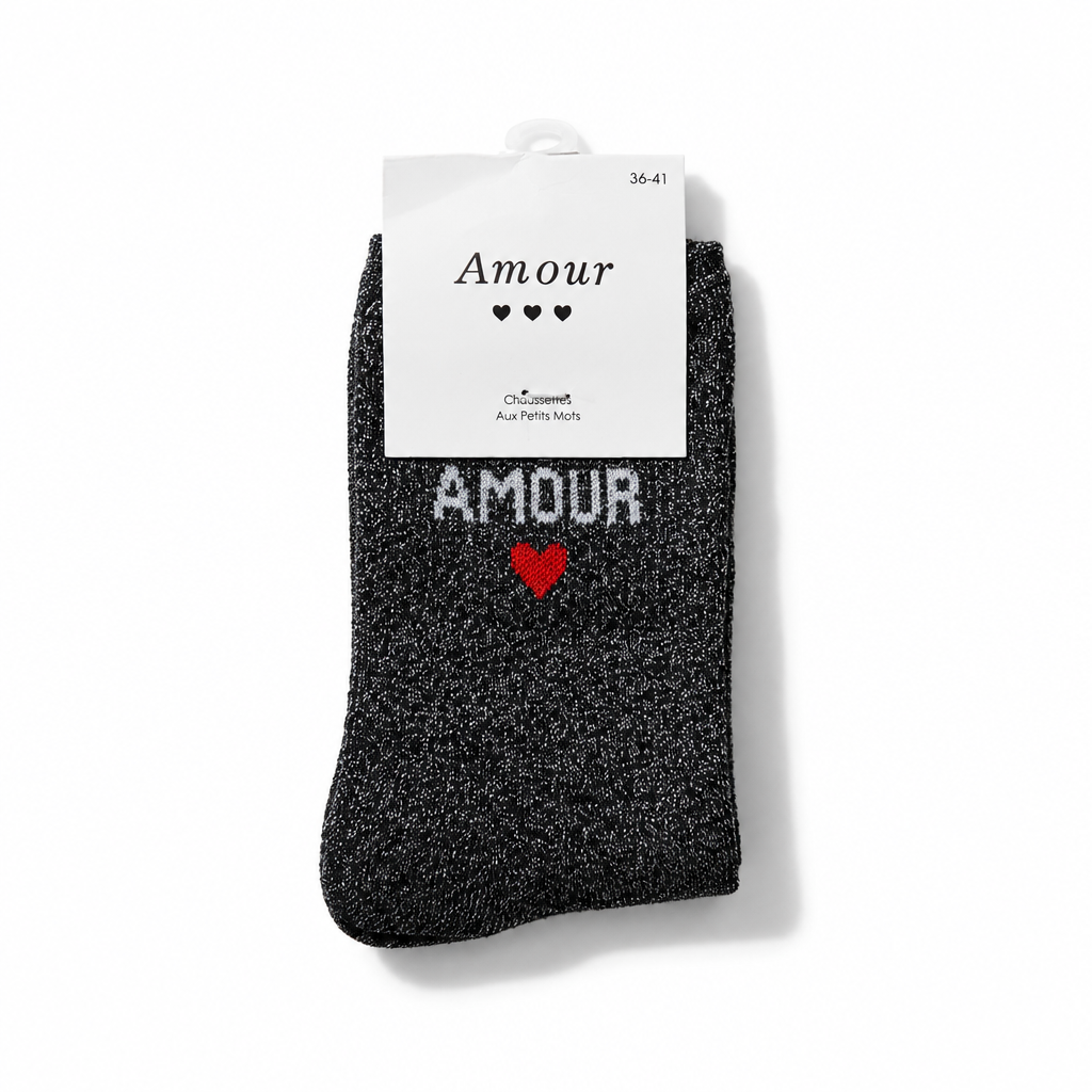 Chaussette pailletée noire message Amour