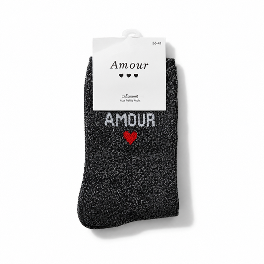 Chaussette pailletée noire message Amour